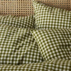 Botanical Green Gingham Linen Blend Pillowcase (Pair)