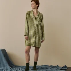 Botanical Green Gingham Linen Night Shirt