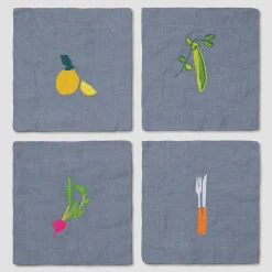 Dusk Blue Embroidered Linen Coasters Set of 4