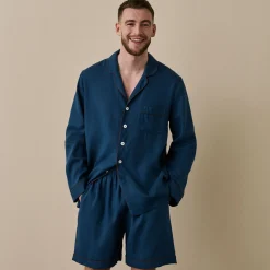 Marine Blue Linen Tencel Men's Pajama Shirt