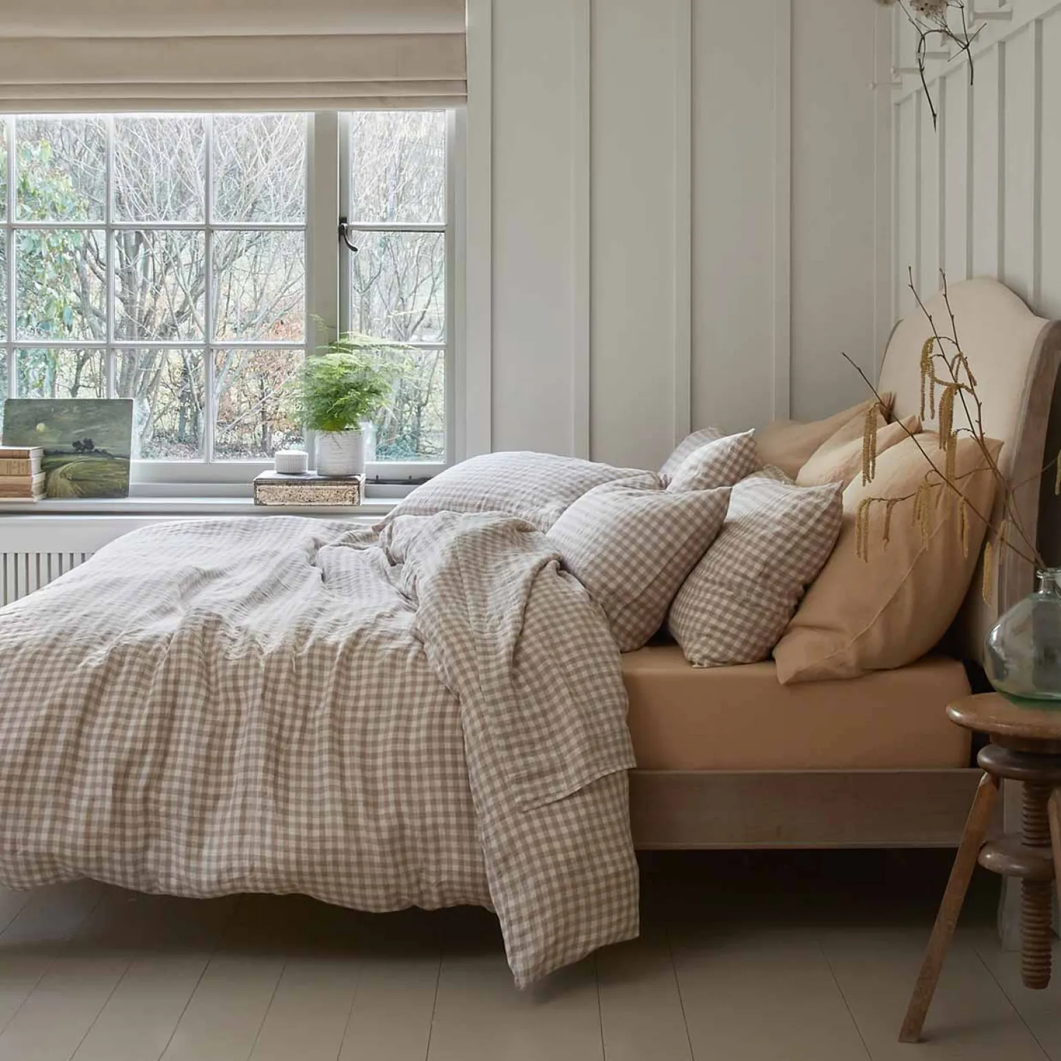 Mushroom Gingham 100% Linen Duvet Cover