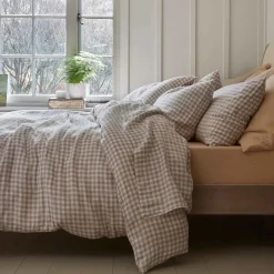 Mushroom Gingham 100% Linen Pillowcases (Pair)