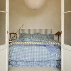 Warm Blue Gingham Linen Blend Flat Sheet