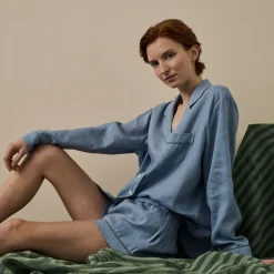 Wave Blue Linen Pajama Shorts Set