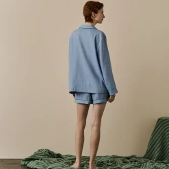 Wave Blue Linen Pajama Shorts Set